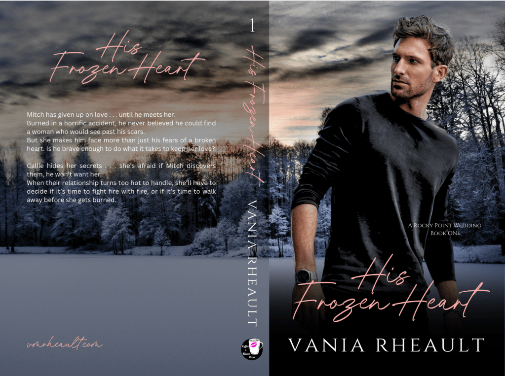 full book cover wrap of His Frozen heart.  handsome man wearing black long sleeved t-shirt. standing in front of a frozen woods at sunset