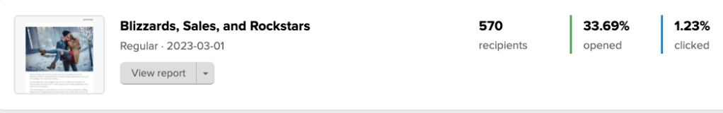 A picture of my stats. The subject like of that newsletter was Blizzards, Sales, and Rockstars. The stats are 570 recipients, 33.69% open rate, and 1.23% of those clicked on the link inside the newsletter. 