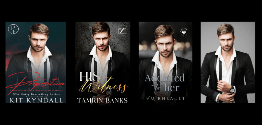 the same male model wearing a tux on different book covers written by different authors
