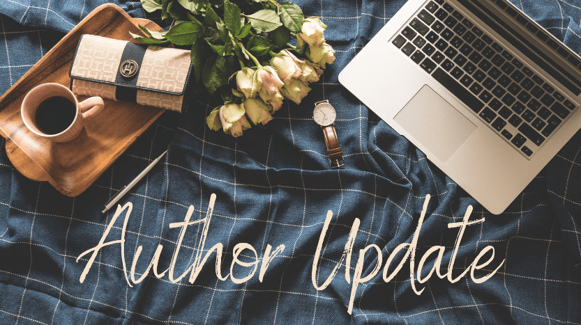 bed flat: tray with coffee and wallet, a bouquet of roses, watch, and laptop on a navy blue pin-striped throw. Text says: author update