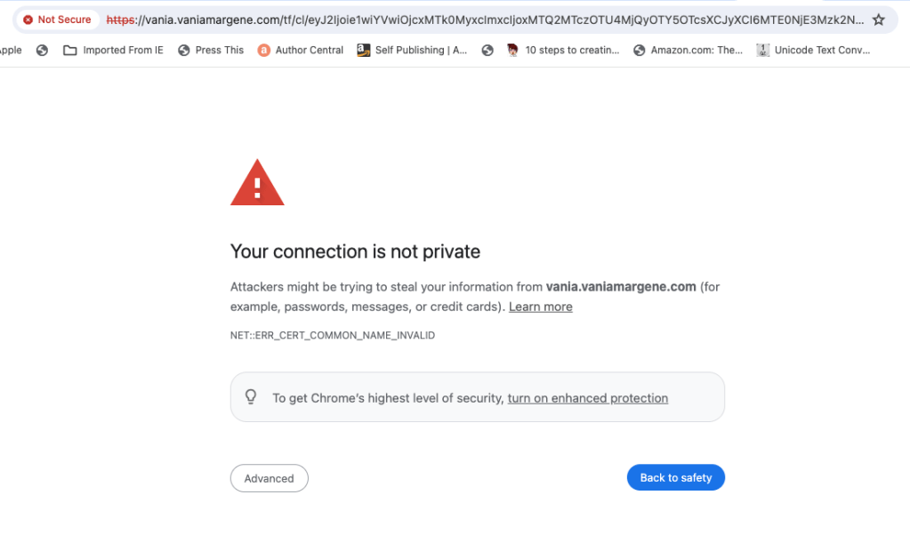 webpage error message.  text reads, your connection is not private.  attackers might be trying to steal your information from vania.vaniamargene.com (for example, passwords, messages or credit cards) learn more. 