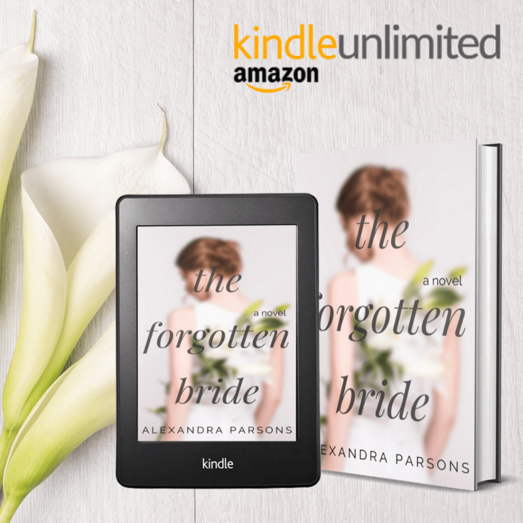 promo graphic of a fake book called the forgotten bride.  a blurry woman, back to camera holding a bouquet of lilies. 