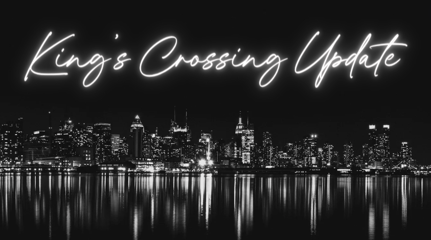 city skyline at night. text reads: king's crossing update