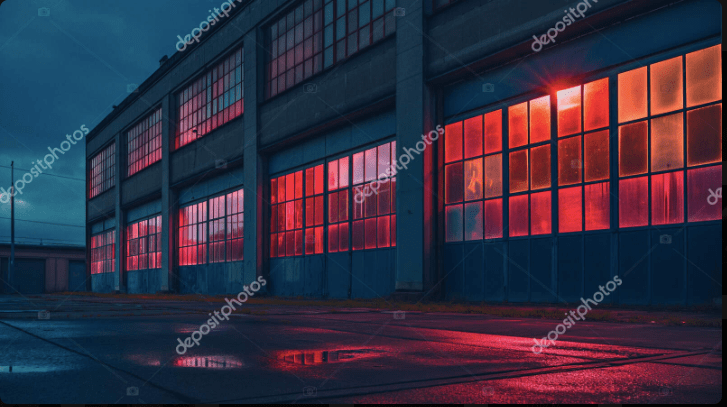 stock photo of warehouse that has red light shining through wall of windows