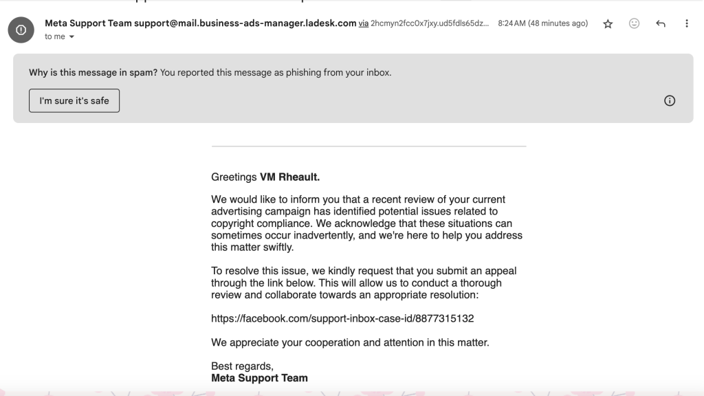 screenshot of bogus email. 