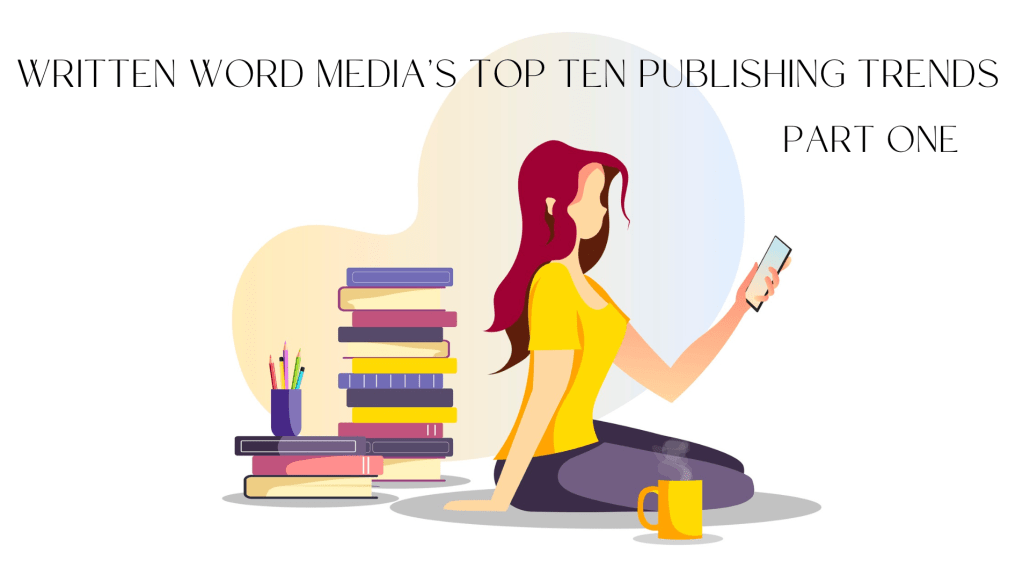 illustrated picture of brunette woman holding cell phone with a stack of books behind her