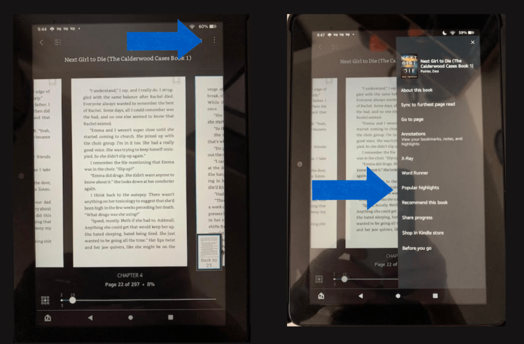 screenshot of my kindle. screens indicate where you can find the highlights of a kindle book. 