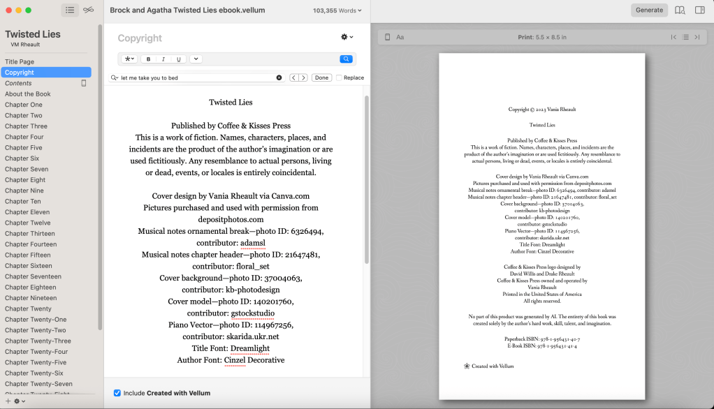 screenshot of Vellum software formatting of the copyright page of my book, Twisted Lies, the third book in my rockstar trilogy.