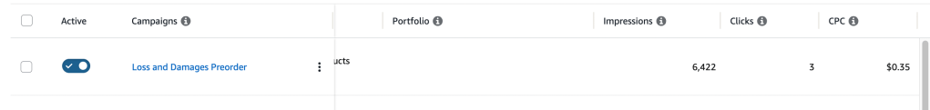 snapshot of Amazon ads stats for Loss and Damages. 6422 impressions, three clicks, cost per click is .35 cents.