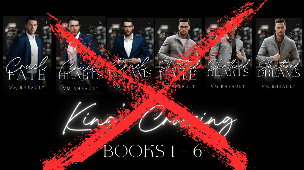 graphic of my king's crossing serial. all book covers with a red x in front of them.
