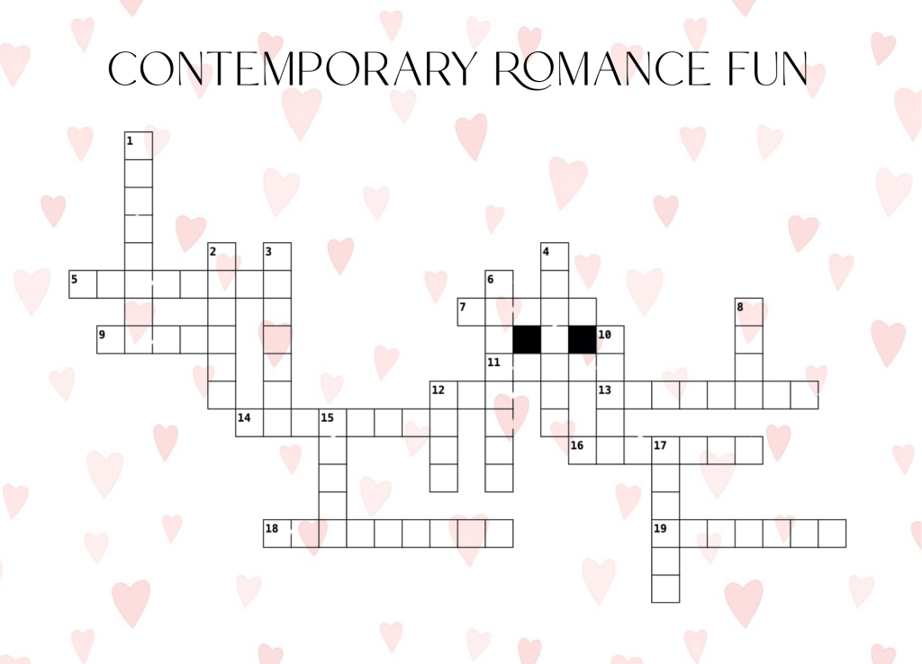crossword puzzle overlayed on faint pink hearts. text says. contemporary romance fun