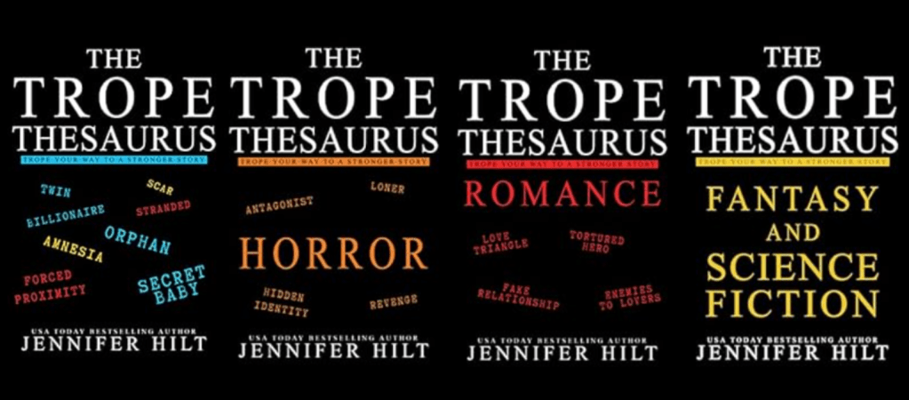book covers on black background:

the trope thesaurus (general) (all colors lettering) 
the trope thesaurus horror (orange lettering) 
the trope thesaurus romance (red lettering)
 the trop thesaurus fantasy and science fiction (yellow lettering)