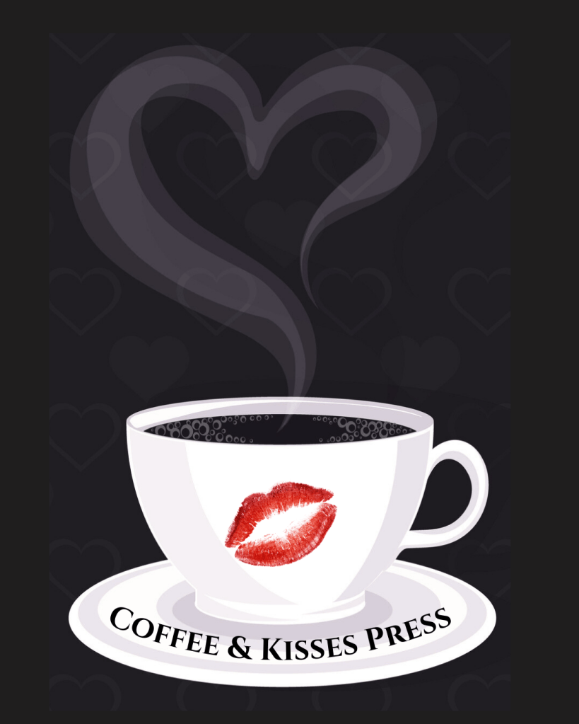 white coffee cup on black background. heart made out of the steam. coffee & kisses press written on saucer