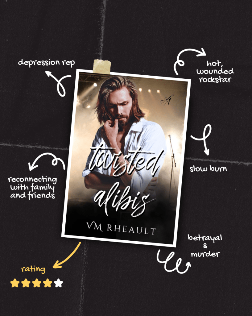 black background. cover of Twisted Alibis by VM Rheault. man looking down, stage in background. arrow graphics pointing to hot, wounded rockstar, slow burn, betrayal and murder, rating (four stars) reconnecting with family and friends, depression rep