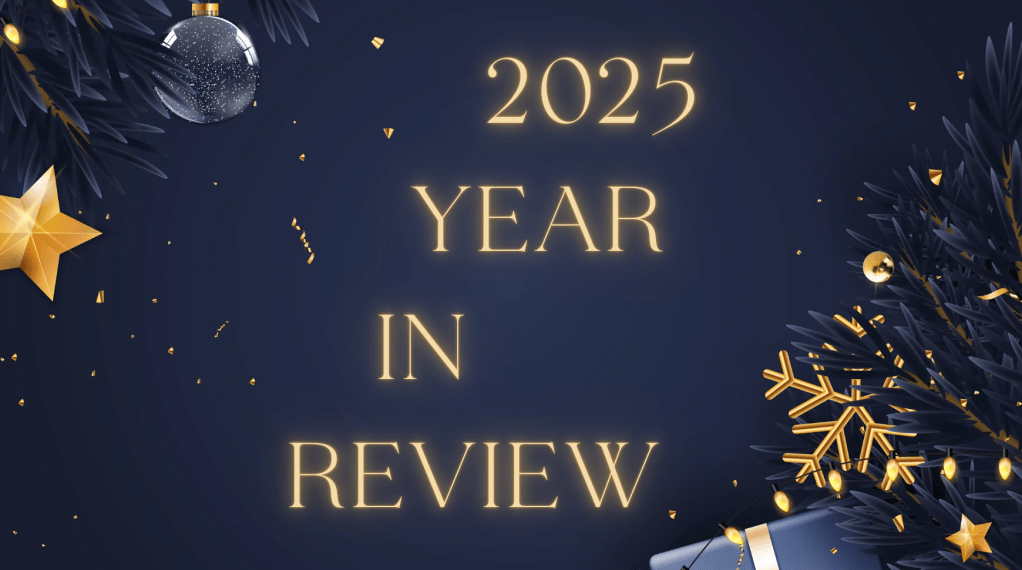 evergreen tree branches with a couple of christmas ornaments like bulbs, stars, and snowflakes. navy background. gold text reads 2025 year in review 
