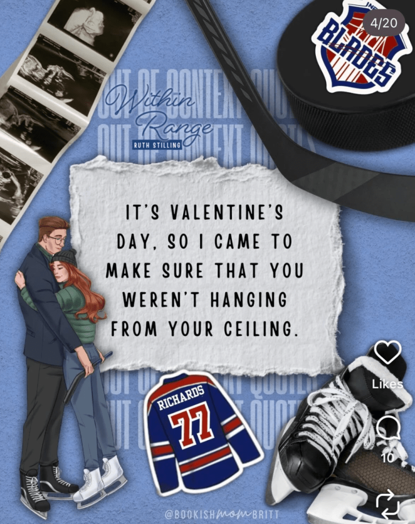 social media graphic. blue background. hockey stick and puck. sonogram pictures hockey skates illustrate couple. text on torn paper: "It's Valentines Day, so I came to make sure that you weren't. hanging from your ceiling."