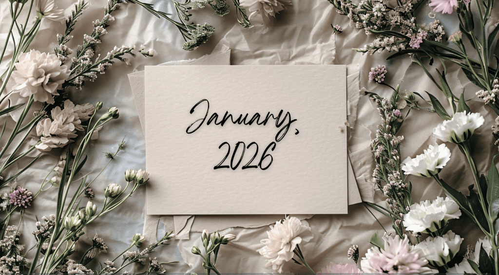 flatlay flowers on a cream sheet. piece of cream-colored paper that says January 2026 in a script font
