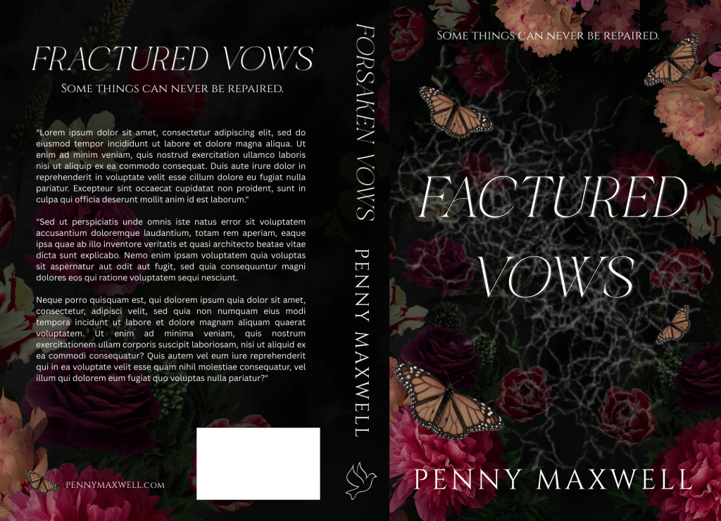 Fractured Vows (full wrap):
Dark floral romance cover for Fractured Vows with red roses, fractured glass texture, and butterfly accents.