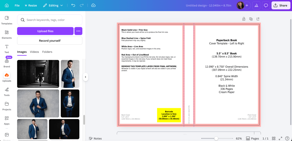 canva screenshot of empty kdp template for 5.5x8.5 paperback book