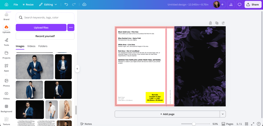 canva screenshot of front cover with floral graphic on top of kdp template. the flowers are lighter compared to the previous photo