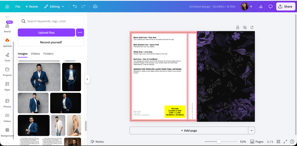 canva screenshot of floral graphic on top of kdp template