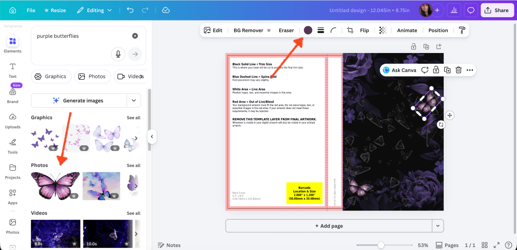 canva screenshot of front cover on top of the kdp template with partial butterfly placement. also to the left is the element selection featuring the butterfly chosen for the cover.