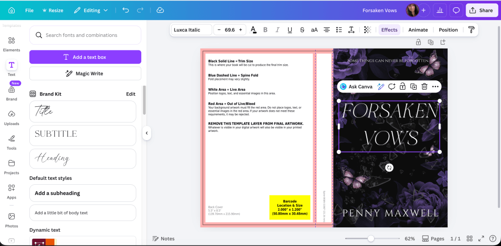 canva screenshot with front cover text for tagline, title, and author name
back cover and spine show KDP template