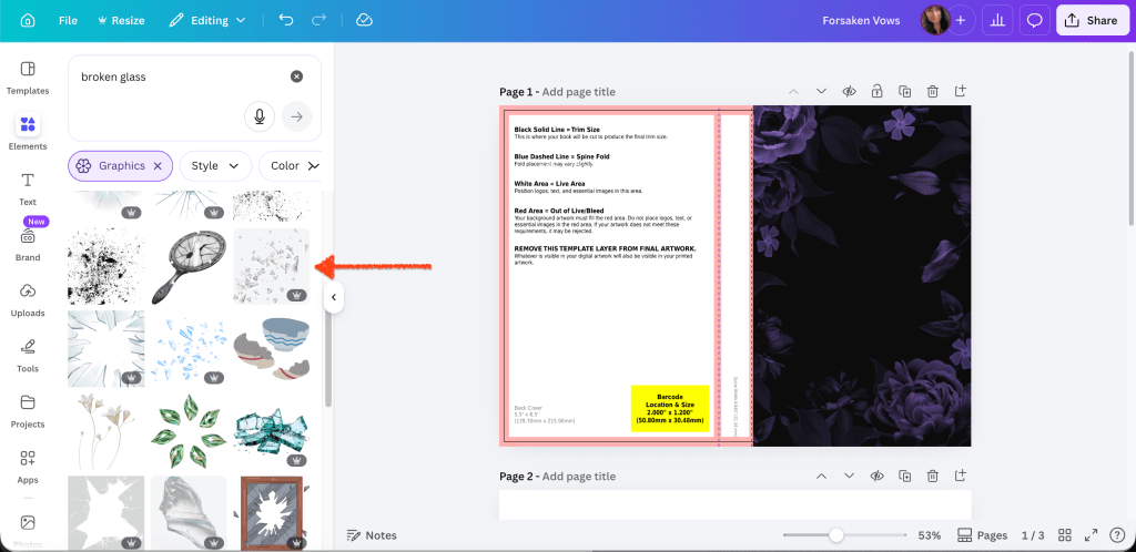 floral cover with shattered glass in elements with arrow that author chose to go on the cover