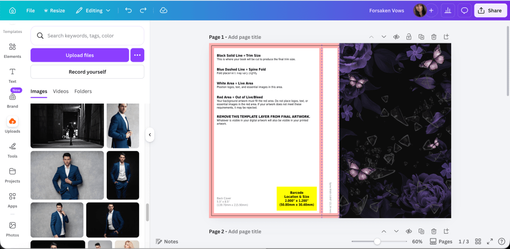 canva screenshot of KDP template. only the front cover with the graphic plus butterflies and glass is shown