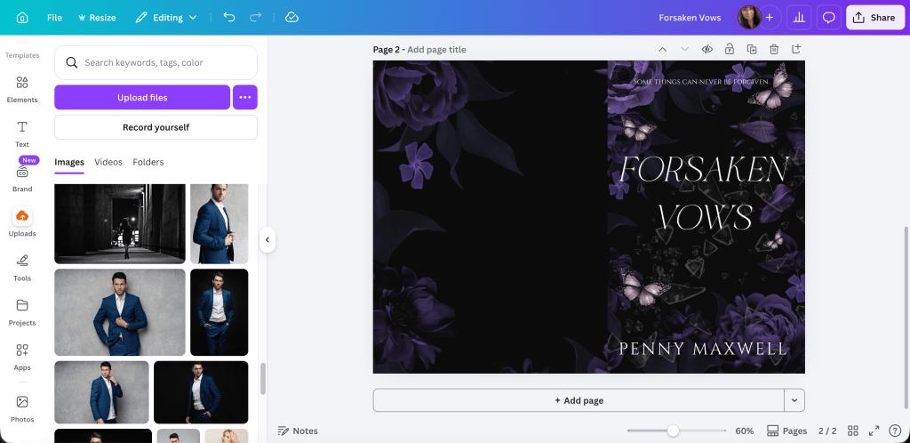 canva screenshot of completed front cover but blank spine and back cover. only the floral graphic is shown
