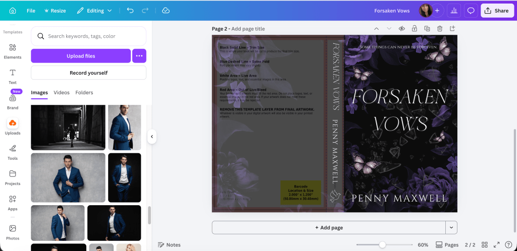 canva screenshot of full wrap with transparency lowered on spine and back cover