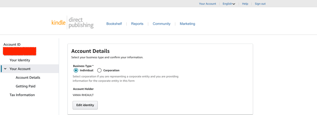 screenshot of a kdp account. text reads account id, your identity, your account. account details getting paid, tax information. 