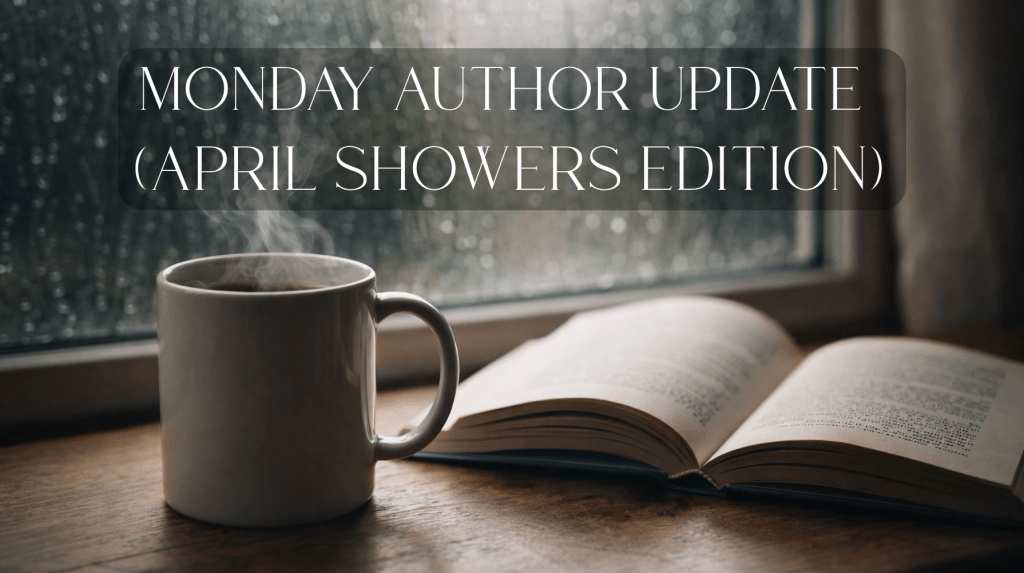 picture of mug of coffee and an open book next to a window that has rain on it