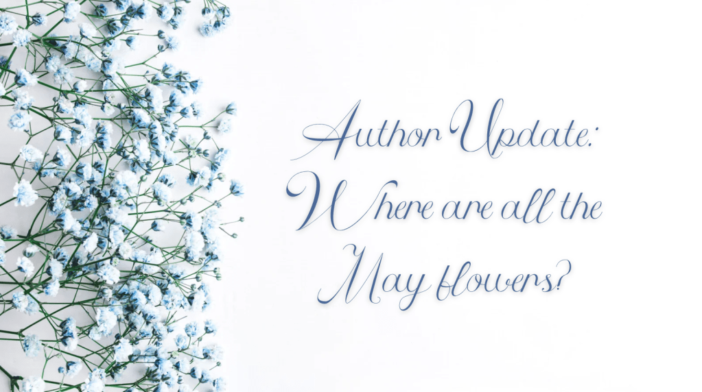 Decorative blog header featuring pale blue babyโs breath flowers along the left side against a white background, with blue script text reading: โAuthor Update: Where are all the May flowers?โ