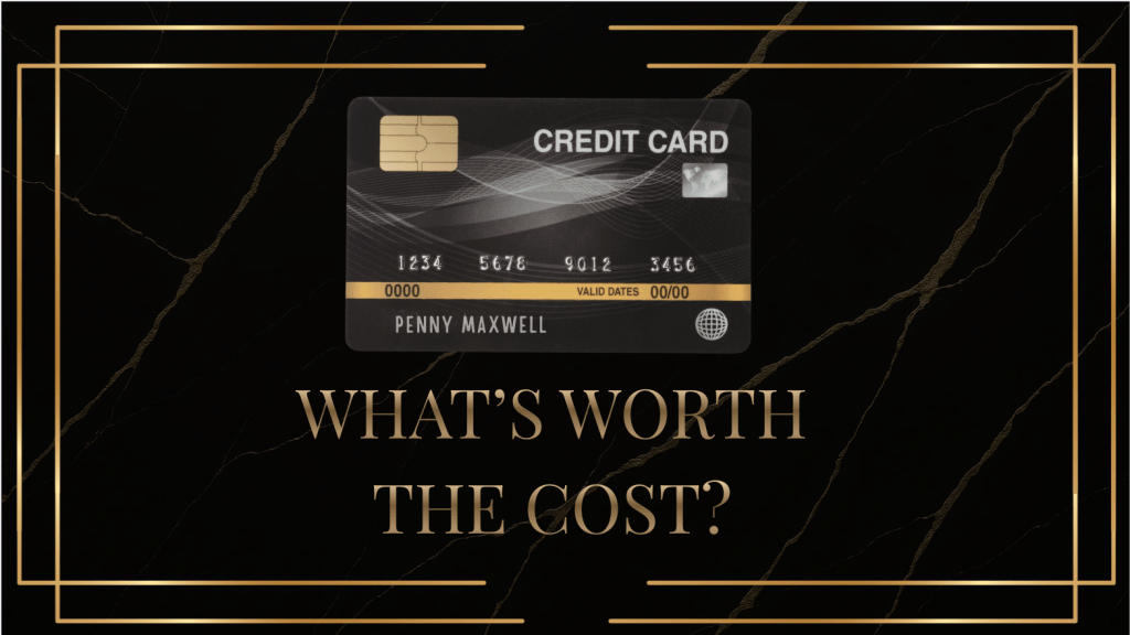 Promotional graphic for a blog post titled "What's Worth the Cost?" featuring a black marble background, gold accents, and a credit card image, symbolizing spending and financial decisions.