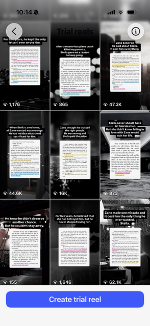 Screenshot of my Instagram Trial Reels grid showing nine book promotion reels. Several received tens of thousands of views, including reels with 16,000, 44,600, 47,300, and 62,100 views, while others received fewer than 2,000.